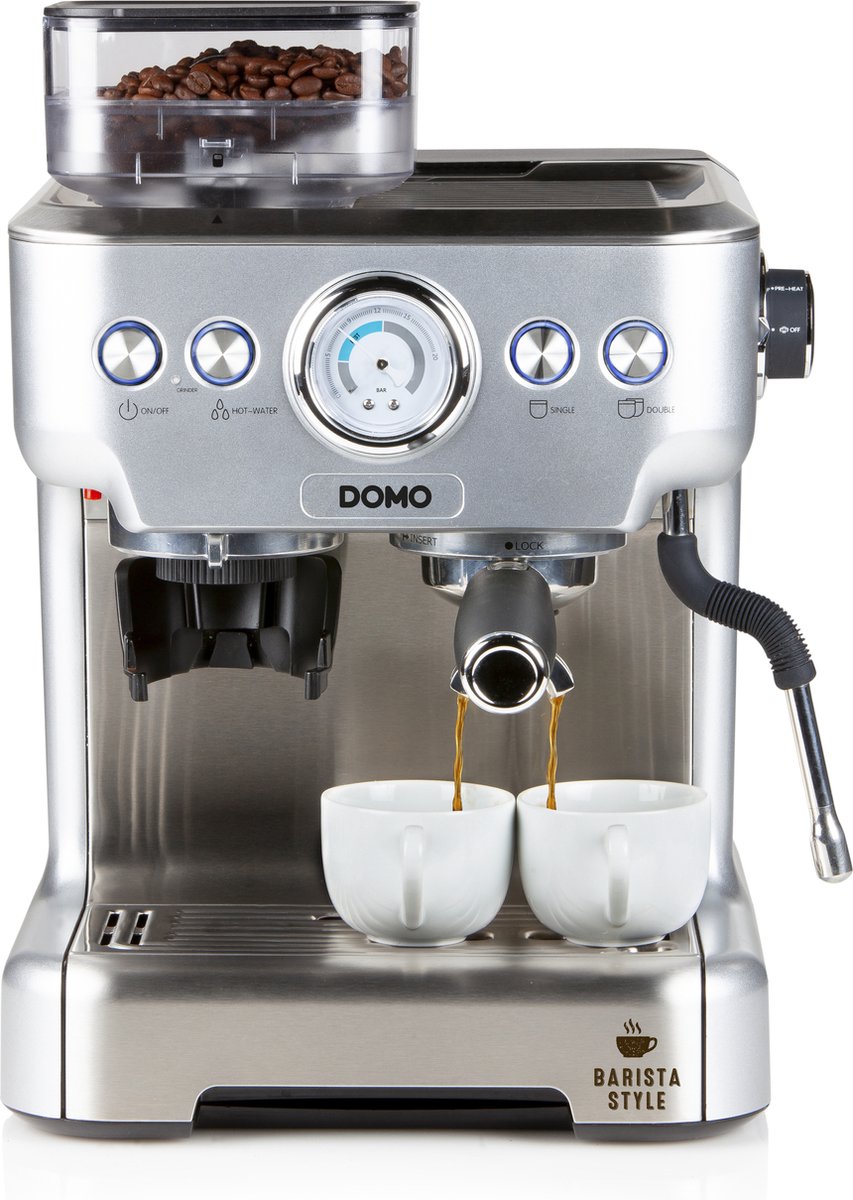 Domo DO725K Espressomachine met Geïntegreerde Bonenmaler - Pistonmachine